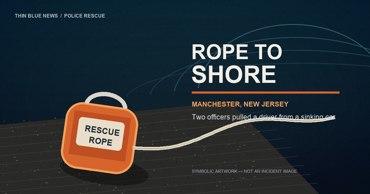 ThinBlueNews symbolic editorial still life showing a generic rescue throw bag and rope beside abstract water with the words Rope to Shore; not an incident image