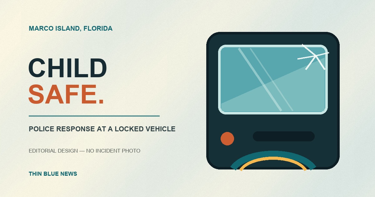 ThinBlueNews original editorial illustration of a vehicle door and window beside the words Child Safe; no incident photograph or person is depicted.
