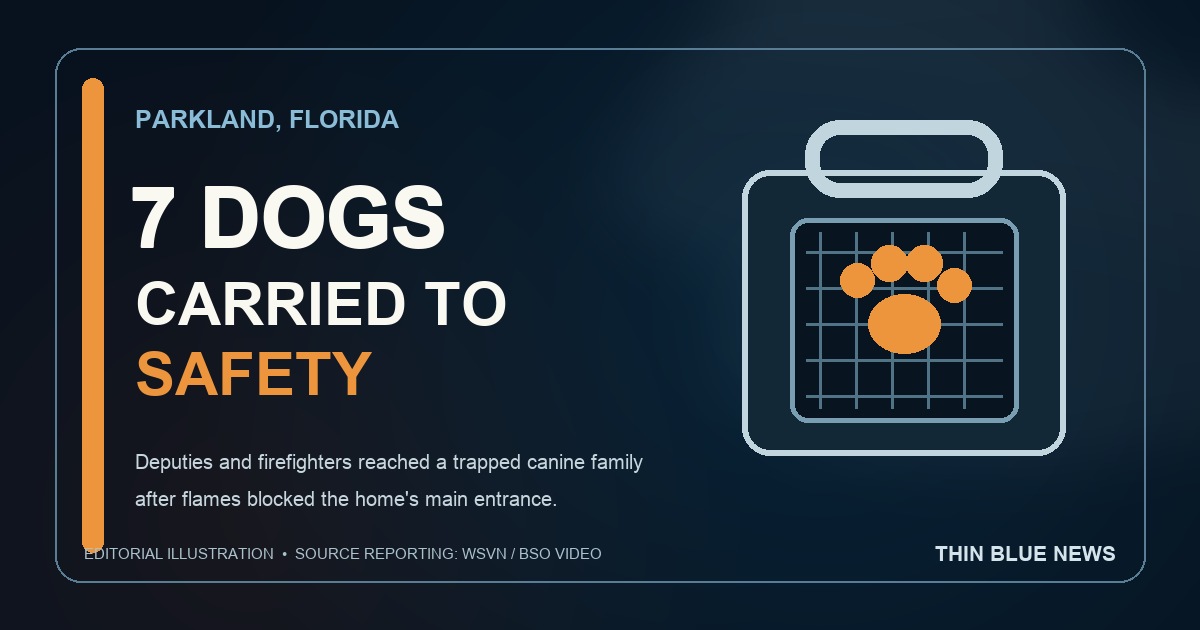 ThinBlueNews editorial illustration of a pet carrier and paw with the words Seven Dogs Carried to Safety; not an image of the Parkland rescue