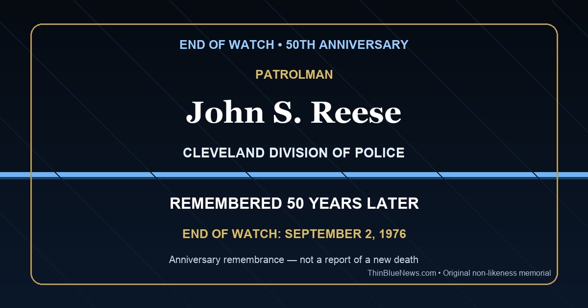 Original ThinBlueNews non-likeness memorial honoring Cleveland Patrolman John S. Reese on the 50th anniversary of his End of Watch