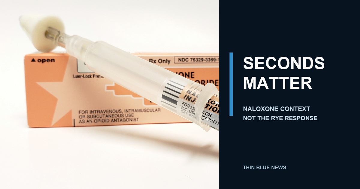 Licensed contextual photograph of an intranasal naloxone delivery setup beside the words Seconds Matter, clearly marked as not depicting the Rye response.