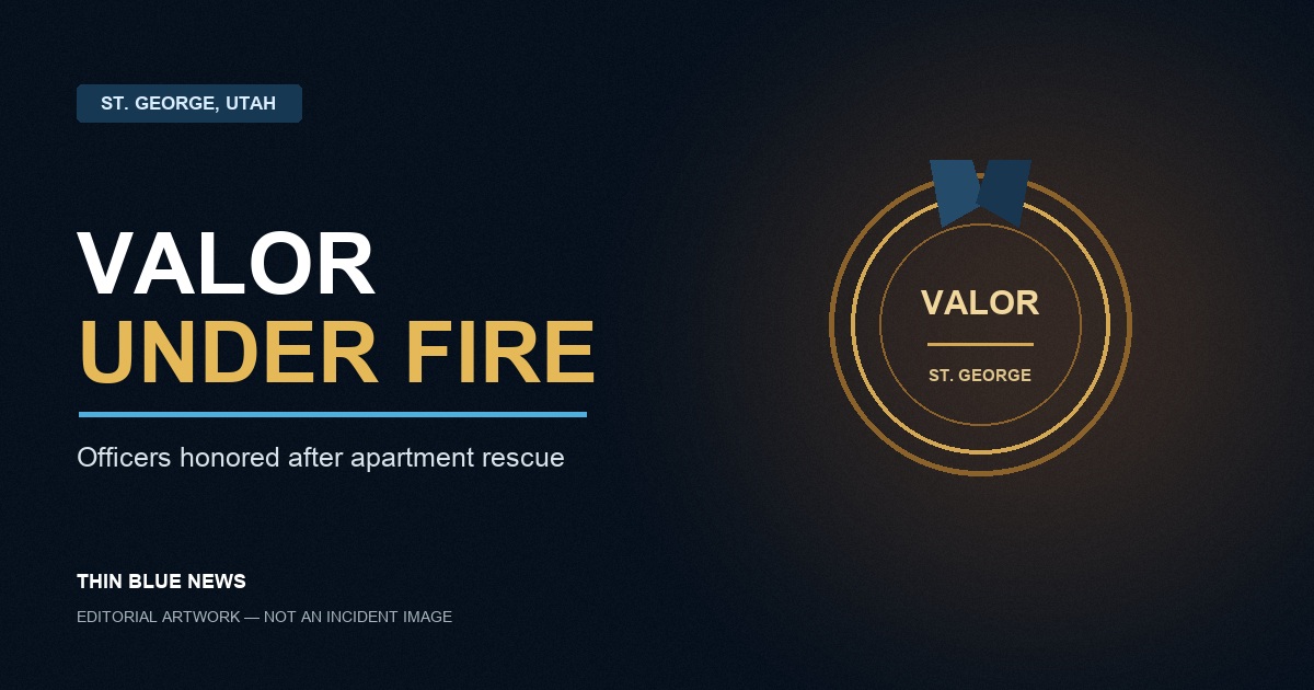 ThinBlueNews symbolic editorial artwork with a commendation medallion and the words Valor Under Fire; not an image of the Bella Vista fire or rescue