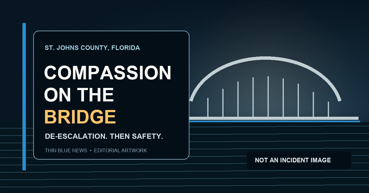 Symbolic ThinBlueNews editorial artwork showing an abstract bridge at dawn with the words Compassion on the Bridge; not an incident image