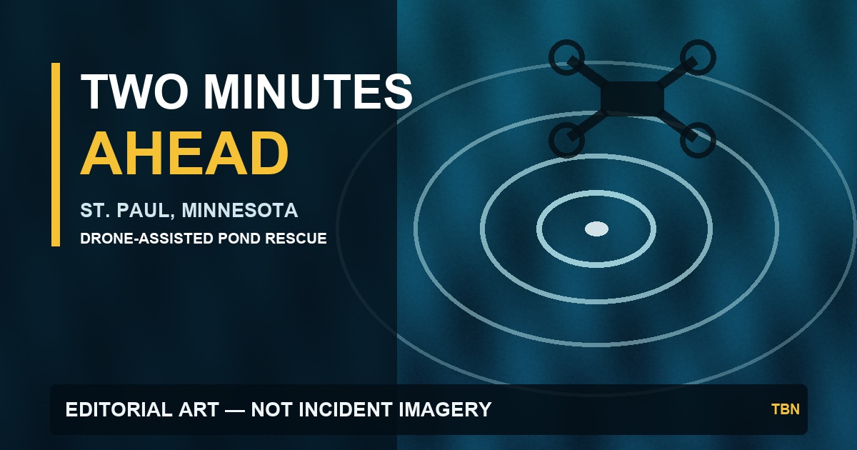 Editorial illustration of water ripples beneath a drone silhouette with the words Two Minutes Ahead, clearly labeled as not incident imagery.