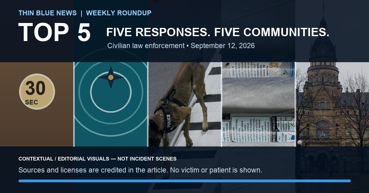 ThinBlueNews Top 5 Good Police Stories cover with two original editorial motifs and licensed contextual photographs of police K-9 training, epinephrine equipment and the Trumbull County Courthouse.