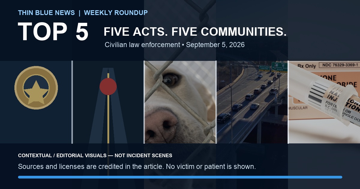 ThinBlueNews Top 5 Good Police Stories cover with original medal and highway graphics plus licensed contextual photographs of a shelter dog, the Isabel Holmes Bridge and naloxone equipment.