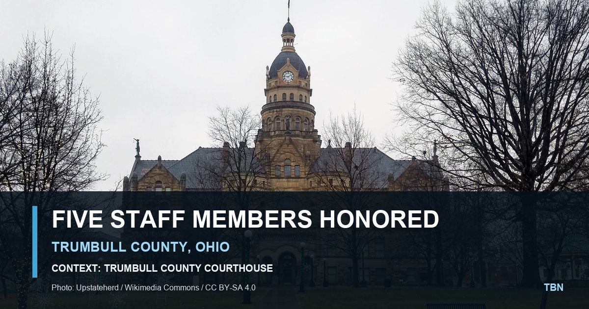 The historic Trumbull County Courthouse in Warren, Ohio, used as contextual location photography with the words Five Staff Members Honored.