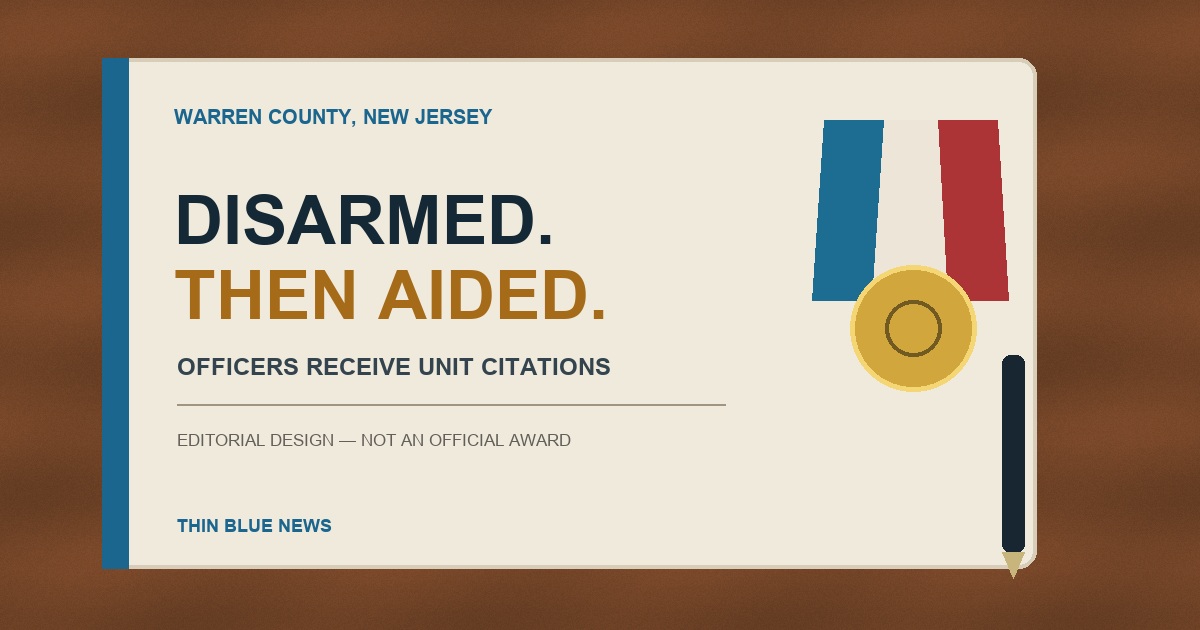 ThinBlueNews original editorial design with an abstract citation ribbon and the words Disarmed, Then Aided; no incident photograph is used.