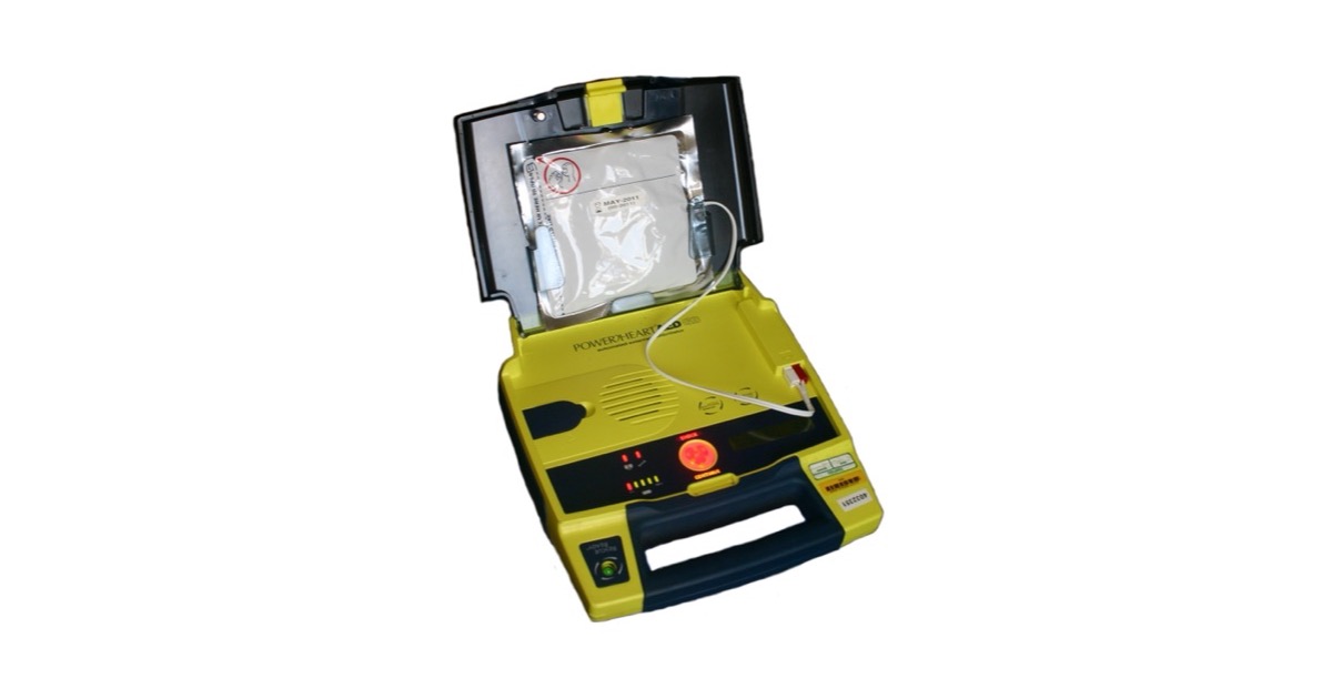 Contextual archive photograph of an open AED, not the Arkansas emergency or the device used there.