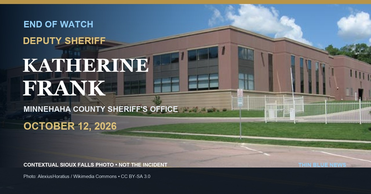 Licensed contextual photograph of the Sioux Falls Law Enforcement Center in a ThinBlueNews memorial for Deputy Sheriff Katherine Frank; not an incident image or portrait