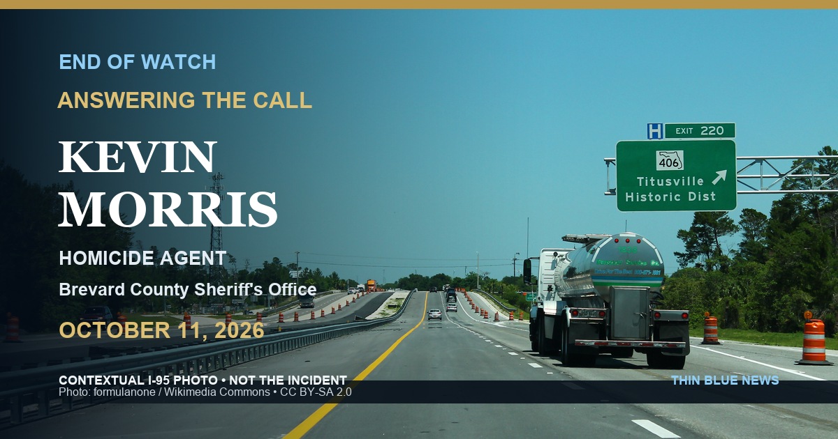 Licensed contextual photograph of Interstate 95 at Exit 220 in Titusville in a ThinBlueNews memorial for Homicide Agent Kevin Morris; not an incident image