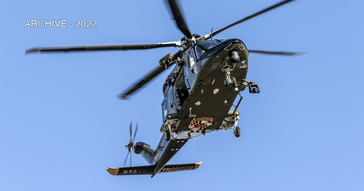 Contextual archive photograph of Maryland State Police Trooper 3 during 2022 hoist training; not Trooper 5 or the October 22, 2026 Jackson Mountain rescue.