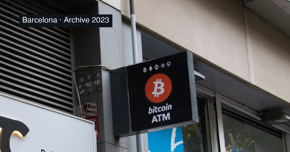 Contextual archive photograph of Bitcoin ATM signage in Barcelona, photographed November 2, 2023; not a Pennsylvania location or a device implicated in the warning.