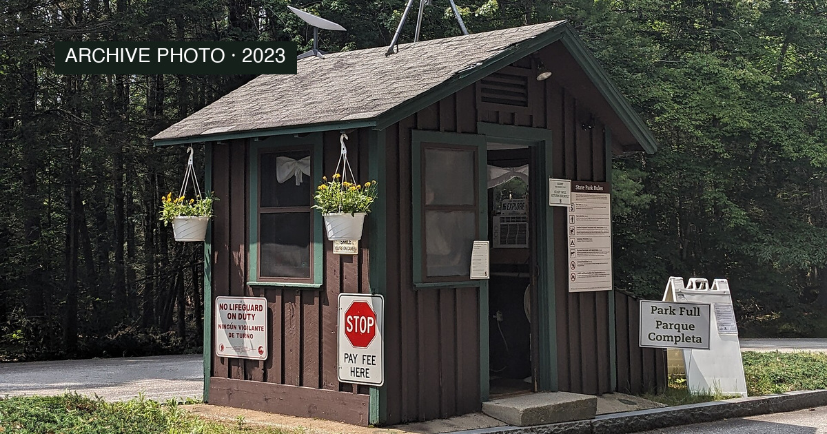 Contextual archive photo of the Pawtuckaway State Park entrance shack in July 2023; not the October 24, 2026 rescue or a verified rescue staging point.