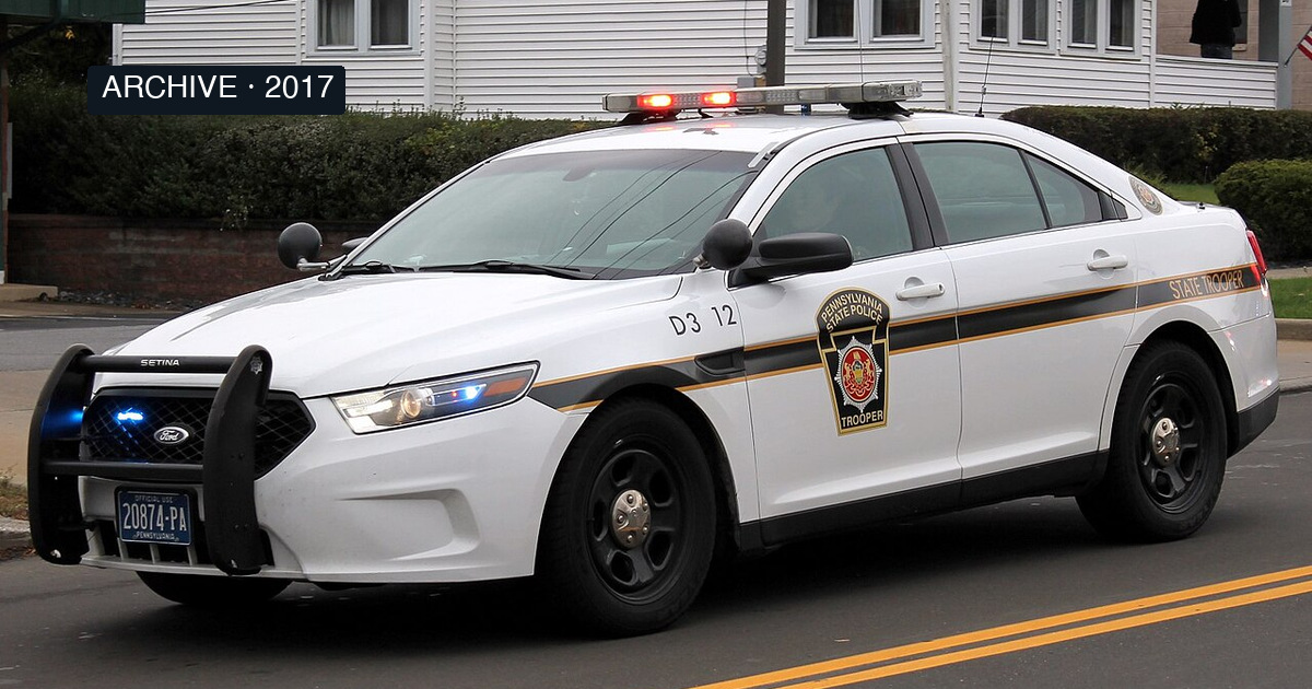 Contextual archive photograph of a Pennsylvania State Police Ford Interceptor in 2017; not the Rapid DNA program, laboratory or award ceremony.