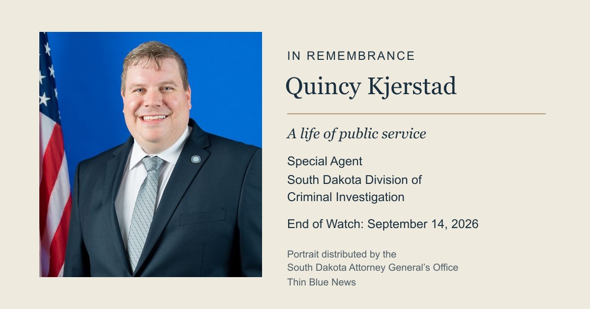Authentic agency-distributed portrait of Special Agent Quincy Kjerstad in a Thin Blue News memorial; End of Watch September 14, 2026