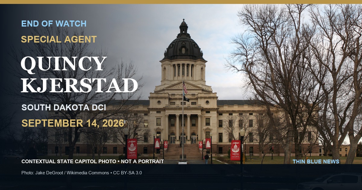 Licensed contextual photograph of the South Dakota State Capitol in a ThinBlueNews memorial for Special Agent Quincy Kjerstad; not a portrait or incident image