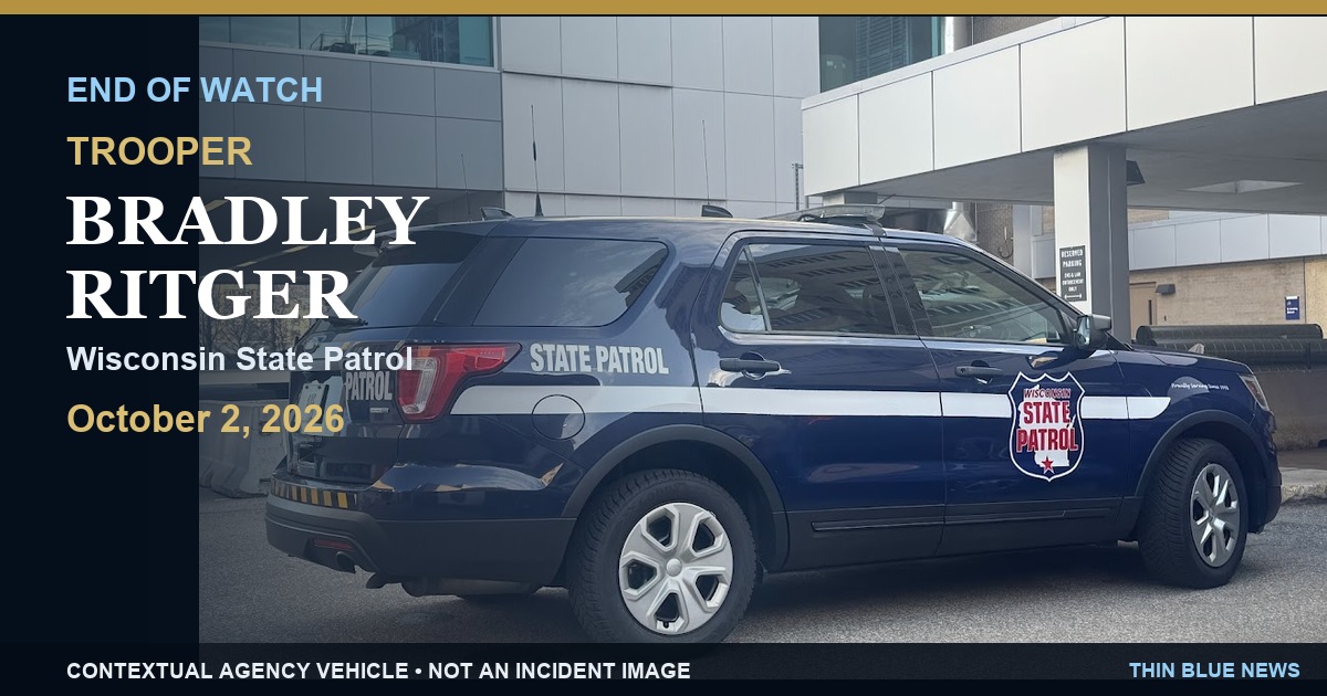 Contextual licensed photograph of a Wisconsin State Patrol vehicle in a ThinBlueNews memorial for Trooper Bradley Ritger; not an incident image